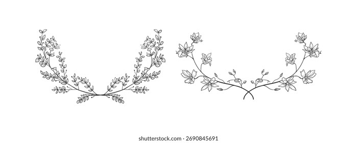 Vector Colección de Laureles de Línea Negra, Elementos Florales y Anuncios.