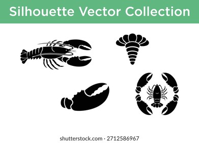 Vektorgrafik mit schwarzen Hummersilhouetten und Meeresfrüchte-Symbolen, perfekt für Designprojekte.