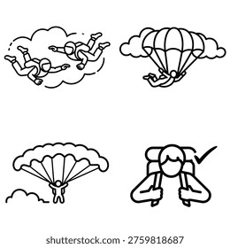 Vector collection of black outline extreme sport icons featuring skydivers in freefall, open parachute descent, and safety gear check. Perfect for adventure travel logos, skydiving schools, and adrenaline activity designs isolated on white background.