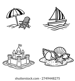 Vector collection of black outline summer beach icons featuring umbrella with deck chair, sailboat, sandcastle and seashells suitable for vacation coloring books and travel logos. Vector collection of black outline summer beach icons featuring umbrella with deck chair, sailboat, sandcastle and seashells suitable for vacation coloring books and travel logos.