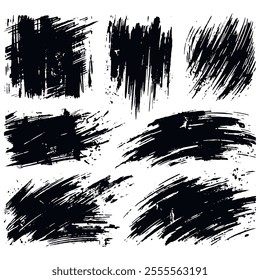 Vector collection of black paint grunge textured brushstrokes on a white background. Set of grungy hand drawn brush strokes with doodle dash lines, hatches. Isolated modern patterns illustrations.