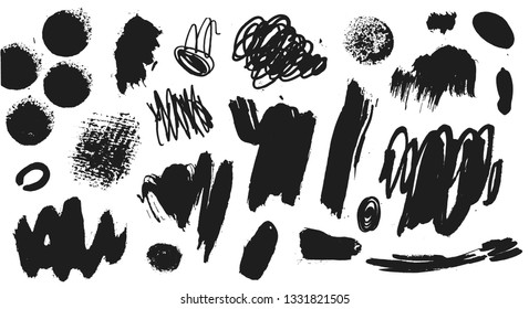 Vector collection of black paint, ink brush strokes, brushes, lines. Grunge artistic design elements, illustration. Isolated on white background. Freehand drawing
