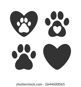 Vector collection of black pet icons – paw and heart symbols great for animal adoption campaigns, pet product packaging, or logos.