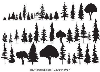 Vector collection of black pine trees on white background