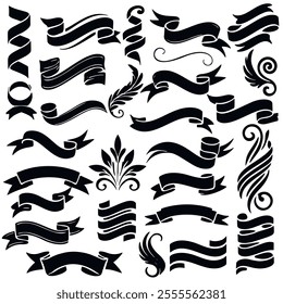 Vector collection of black ribbons and swirls silhouettes  in various shapes and designs on white background. Modern beautiful isolated ribbons set for banners, cards, labels or ornamental decoration.