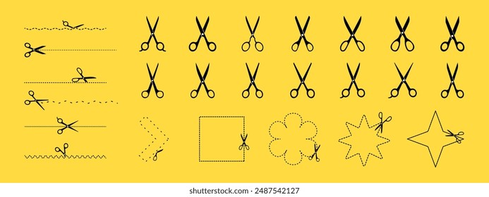 Vector Collection of Black Scissors Icons on Yellow Background for Cutting, Crafting, and Design