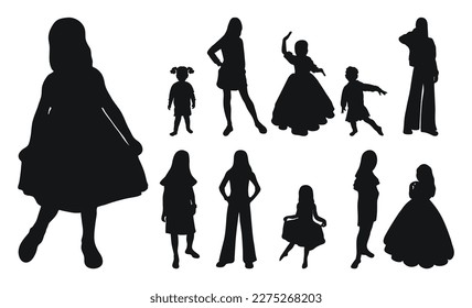 Vector collection of black silhouettes of children and teenagers posing for a casting. Model of the body of a child, the figure of a girl, a teenager.