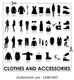 vector collection of black silhouettes (icons), fashion clothes and accessories on white background