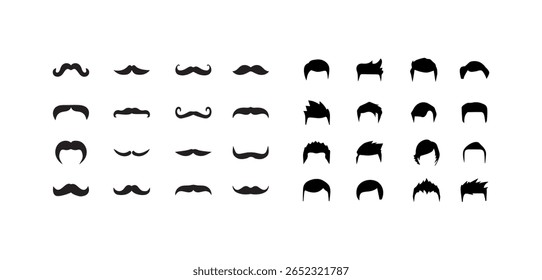 Coleção vetorial de silhuetas pretas bigodes e penteado. Conjunto de bigode e penteado
