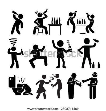 Vector collection of black stick figure icons depicting people partying, drinking beer, getting drunk, hangover sickness, passing out, and throwing up. Funny nightlife and alcohol concepts.