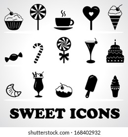 vector collection of black sweet candy icons (silhouettes) on a grey background