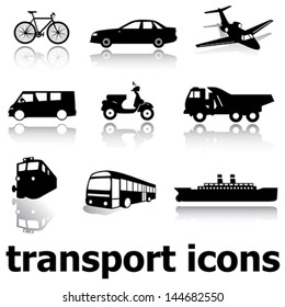 vector collection of black transport icons (silhouettes) with reflection on white background