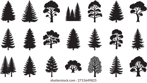 Coleção vetorial de silhuetas de árvore preta Abeto de abeto de pinheiro florestal e carvalhos isolados no fundo branco Ícones da natureza definidos para o projeto da paisagem