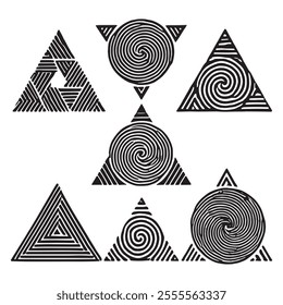 Vector collection of black triangles with spiral lines, circles, stripes on white background. Set of spiral triangles. Isolated hand drawn design. Geometric patterns. Elements.