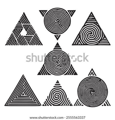 Vector collection of black triangles with spiral lines, circles, stripes on white background. Set of spiral triangles. Isolated hand drawn design. Geometric patterns. Elements.