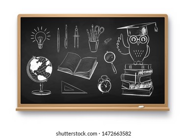 Vector collection of black and white chalk drawn illustrations of education items on chalkboard isolated on white background with shadow.