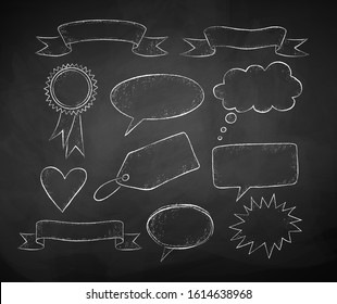 Vector collection of black and white chalk drawing of speech bubbles and banners on black chalkboard background.