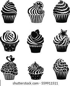 Vector collection of black and white cupcake icons.