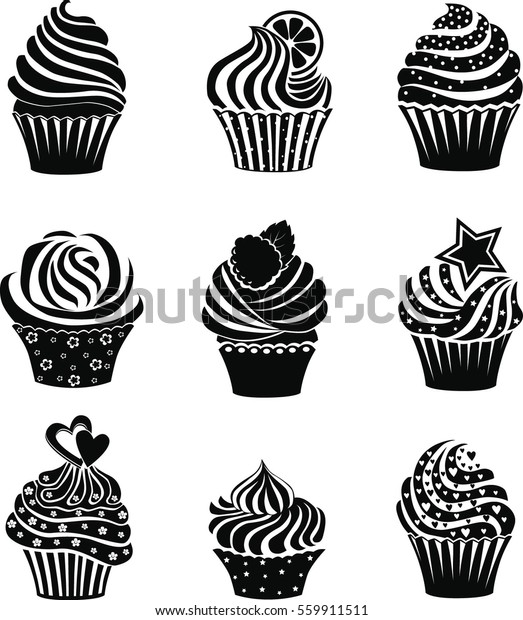 Vector Collection Black White Cupcake Icons Stock Vector (Royalty Free