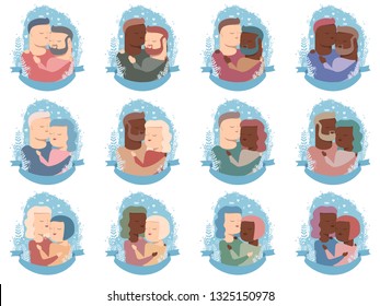 Vector collection of black, white and interracial love couples in hugs, heterosexual and homosexual. Isolated on white background.