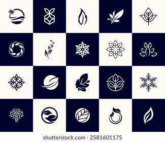 vector collection of black and white leaf icons