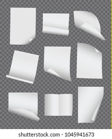 Vector collection of blank paper pages in different positions isolated on transparent background