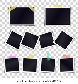 Vector Collection of blank photo frames sticked on duct tape to transparent background. Template mockups for design