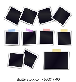 Vector Collection of blank photo frames sticked on duct tape to white background. Template mockups for design
