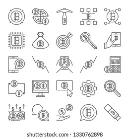 Vector collection of Blockchain icons in thin line style. Mining and Blockchain Technology concept symbols