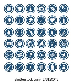 Vector Collection of blue abstract round icons with objects and symbols. Can be used for web or printed