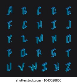 Vector collection with blue bright english font in geometric isometric style. 