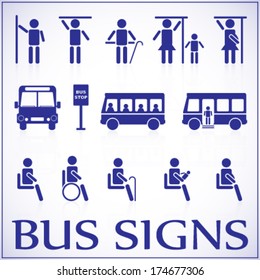 vector collection of blue bus silhouettes (signs and symbols) in public transport