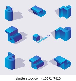 Vector collection of blue cyrillic letters hard sign or yer in isometric 3d elements, drawn with vivid gradients with shadows