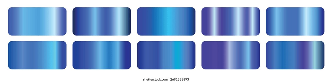 Vector collection of blue metallic gradients. Blue swatches collection. Texture surface blue gradient on white background.
