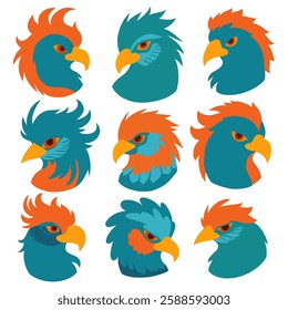 Vector collection of blue parrots silhouettes isolated from background. Set of fable macaws heads in fantasy style. Hand drawn birds for icon