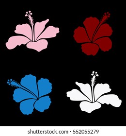 Vector collection of blue and red hibiscus flowers. Set with blue and red flowers. Vector illustration.