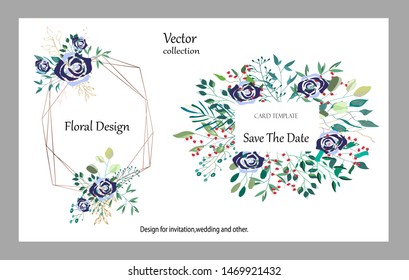 Vector collection with blue roses,leaves and geometric. Botanic Design for banner, wedding, poster, invitation, cover, placard, brochure, header.