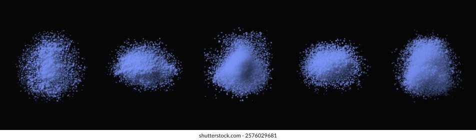vector collection of blue sea bath salt textures: fine grains, coarse crystals, and scattered piles. High-quality on black background, ideal for spa, wellness, beauty, and design projects. Refreshing