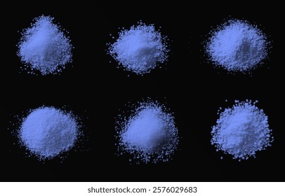 vector collection of blue sea bath salt textures: fine grains, coarse crystals, and scattered piles. High-quality on black background, ideal for spa, wellness, beauty, and design projects. Refreshing