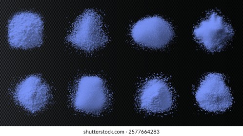 vector collection of blue sea bath salt textures: fine grains, coarse crystals, and scattered piles. High-quality on black background, ideal for spa, wellness, beauty, and design projects. Refreshing