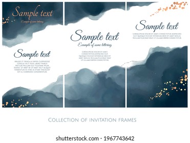 colección vectorial de invitación estilizada azul con acuarela de imitación y textura dorada