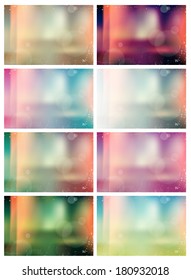 Vector collection of blurred unfocused photographic backgrounds. Light leaks and bokeh