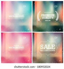 Vector collection of blurred unfocused photographic backgrounds. Light leaks and bokeh. "Premium quality" and "Sale" retro labels