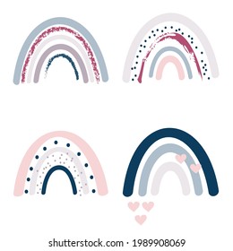 Vector collection of boho rainbows in pastel pink, grey and navy blue colors, isolated elements on white background; nursery art design, for printing on baby clothes and textiles, home decor art. 