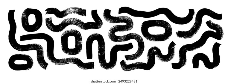 Vector collection of bold squiggly lines and round squares drawn by a dry brush. Hand drawn thick wavy and curly lines, labyrinth motif. Grunge elements for collages, print, posters and graphic design