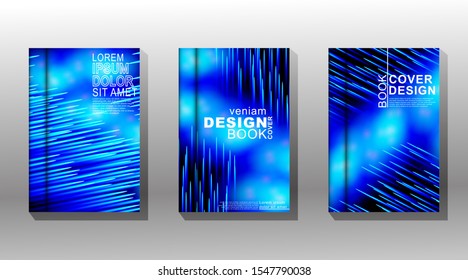 Vector collection of book covers, brochures etc. Colorful abstract diagonal lines on gradient futuristic background. Light trails effect and bokeh