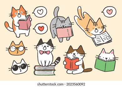 Colección vectorial de la ilustración del gato "Lover del libro" en fondo aislado