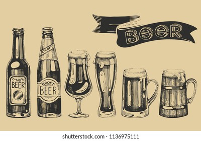 Vector collection with  bootles and glass. Vintage graphic illustration.