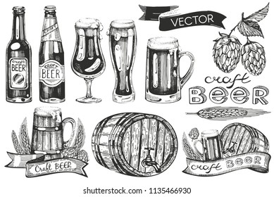 Vector collection with  bootles and glass.Hops, malt. A barrel of beer. Hand drawn illustration.