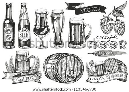 Vector collection with  bootles and glass.Hops, malt. A barrel of beer. Hand drawn illustration.
